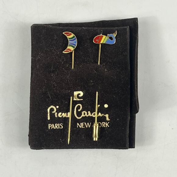Pierre Cardin Rainbow Enamel Stick Pins Moon Whale Gold Tone Set Paris New York - Picture 1 of 6